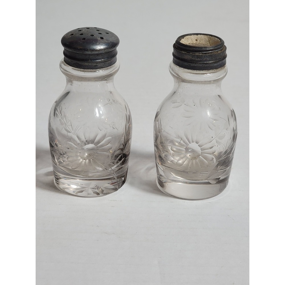 Vintage Floral Salt Pepper Shaker Cut Ribbed Glass Sterling Silver Top 1920s